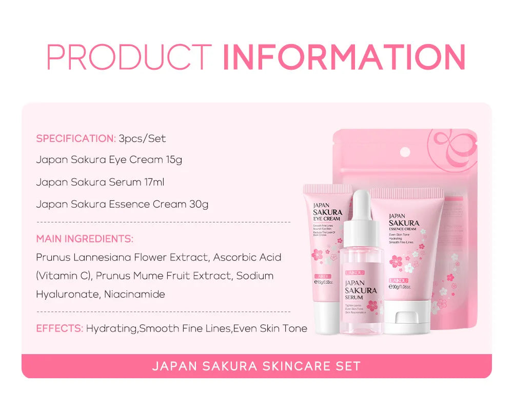 Kit Facial LAIKOU 3 Piezas (Sérum + Crema Facial + Ojos) con Vitamina C, Oro 24K y Sakura - Tratamiento Completo Antiarrugas e Hidratante.