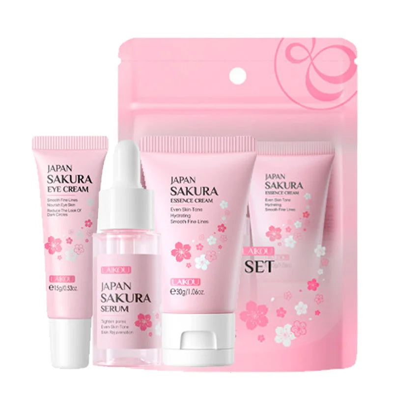 Kit Facial LAIKOU 3 Piezas (Sérum + Crema Facial + Ojos) con Vitamina C, Oro 24K y Sakura - Tratamiento Completo Antiarrugas e Hidratante.
