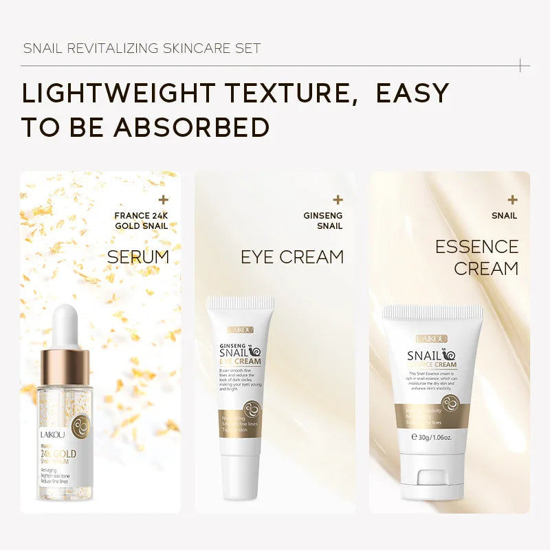 Kit Facial LAIKOU 3 Piezas (Sérum + Crema Facial + Ojos) con Vitamina C, Oro 24K y Sakura - Tratamiento Completo Antiarrugas e Hidratante.