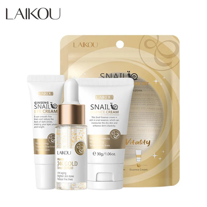 Kit Facial LAIKOU 3 Piezas (Sérum + Crema Facial + Ojos) con Vitamina C, Oro 24K y Sakura - Tratamiento Completo Antiarrugas e Hidratante.