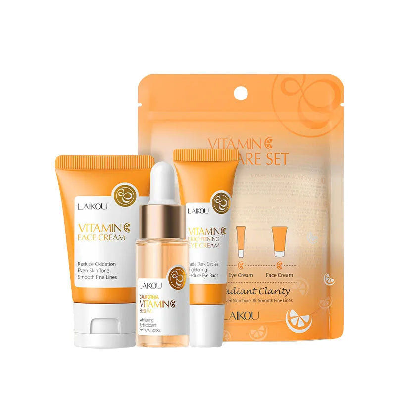 Kit Facial LAIKOU 3 Piezas (Sérum + Crema Facial + Ojos) con Vitamina C, Oro 24K y Sakura - Tratamiento Completo Antiarrugas e Hidratante.